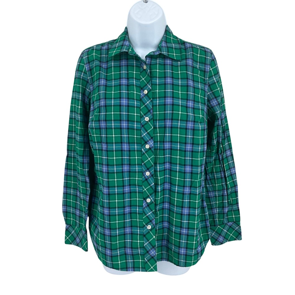 Talbots Button Front Shirt Womens XS Green Blue Cotton Plaid Classic‎ Preppy